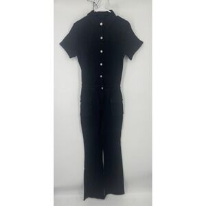 NWT MIERU One Piece Jumpsuit Women's 10/12 Black Denim Button Front Short Sleeve